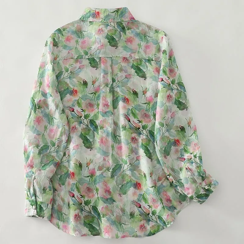 2025, Blatt-bedrucktes Hemd, französisches, lässiges, vielseitiges, dünnes, florales Damen-Knopf-Elegantes Oberteil