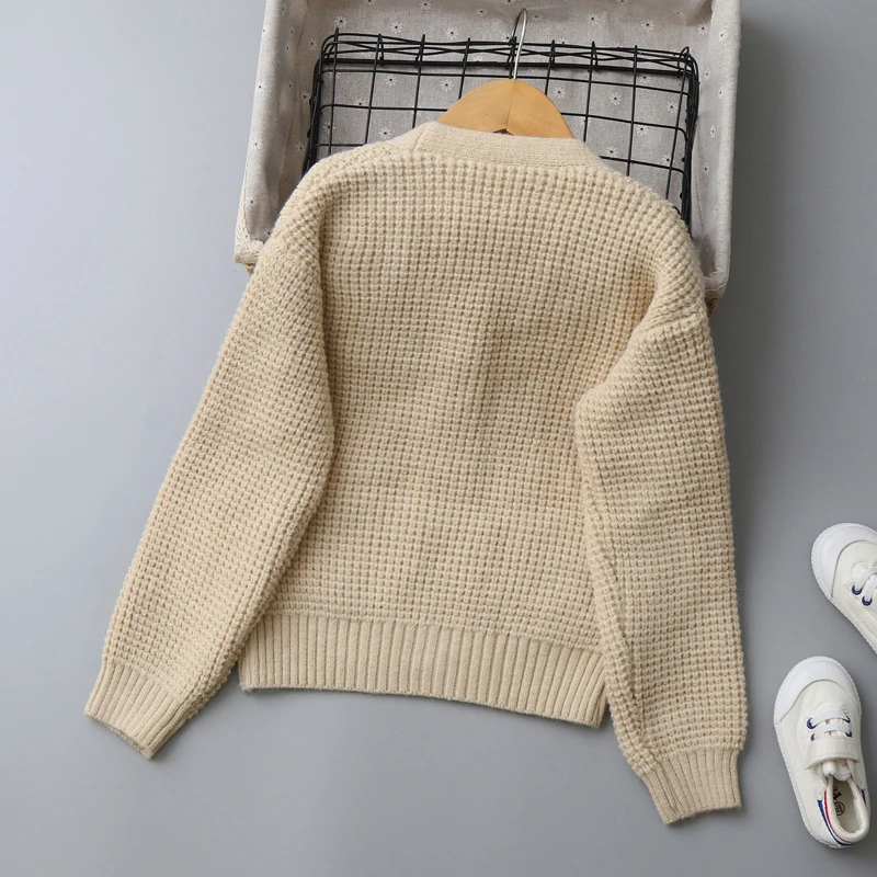 IYEAL Autumn Kids Boys Waffle Knit Cardigan V Neck Button Sweater Boys Girls Soft Knitted Outerwear with Pockets
