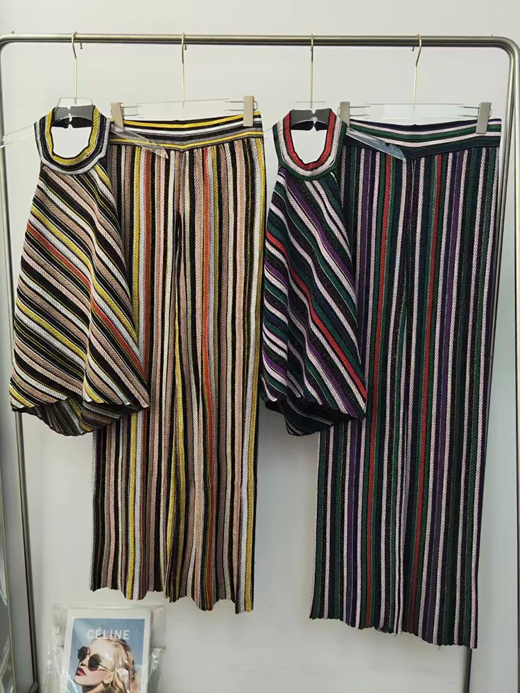 Designer Retro Color Diagonal Stripes Halter Knitted Suspenders Two-piece Set 2026 Summer Women's Clothing + Knitted Pants Set