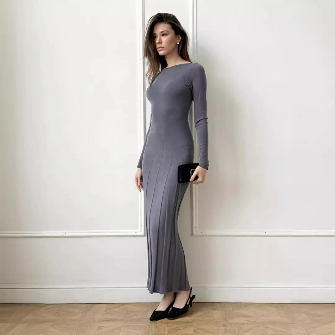 

Casual Long Sleeve Pleated Knit Dress Elegant French Solid O Neck Tight Stretch Folds Bodycon Fall Winter Streetwear Dresses