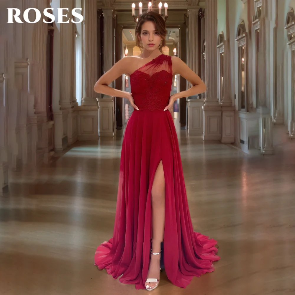 

ROSES Red Elegant Prom Dresses Sweetheart One Shoulder Celebrity Dress Chiffon Applique Side High Split Formal Gown Customized