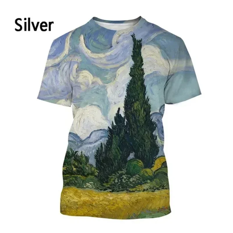 Art Oil Painting Graphic T Shirt For Men Starry Night 3D Printed T-Shirts Summer Casual Short Sleeve Round Neck Loose Tees Tops