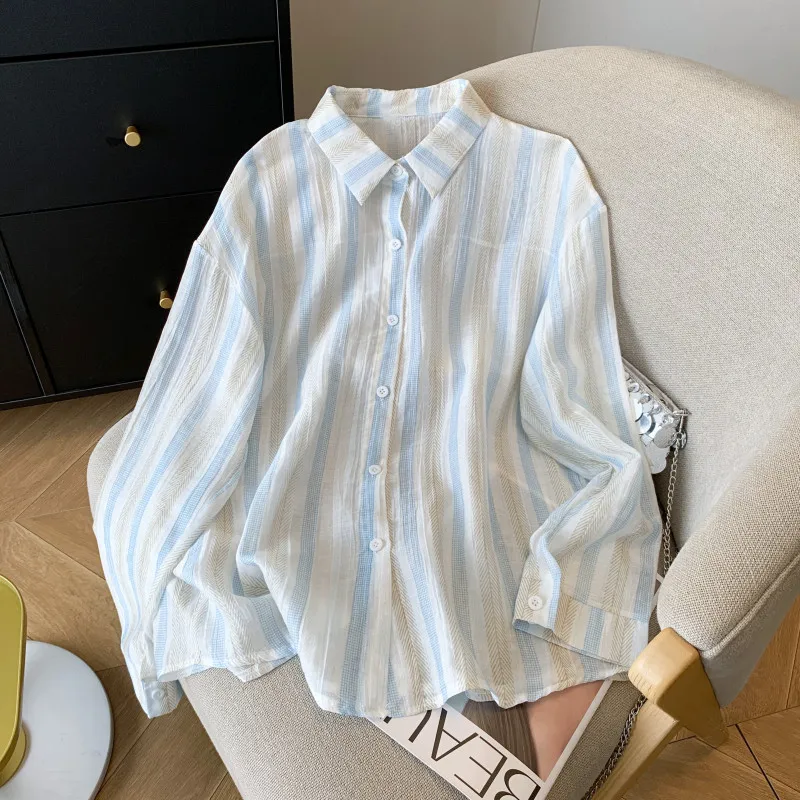 

Women's Summer New Loose Long Sleeve Sun Protection Shirt Coat Air Conditioning Striped Design Fashionable Lightweight Top