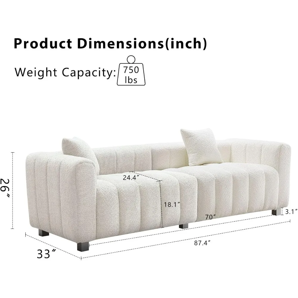 Modern Oversized Deep Seat Sofa, 3-Seater Tufted Upholstered Couch with Accent Pillows, Teddy-Inspired Comfort for Living Room
