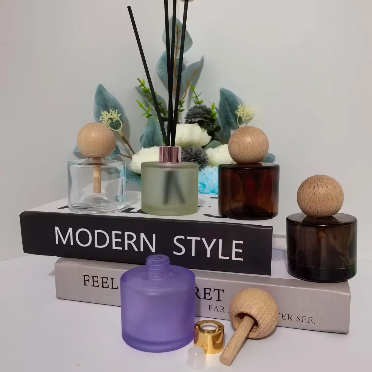 Reed Diffuser Bottle, Colorful Cylindrical Glass Aroma Bottle, Spherical Cap Essential Oil Volatile Container for Home Fragrance