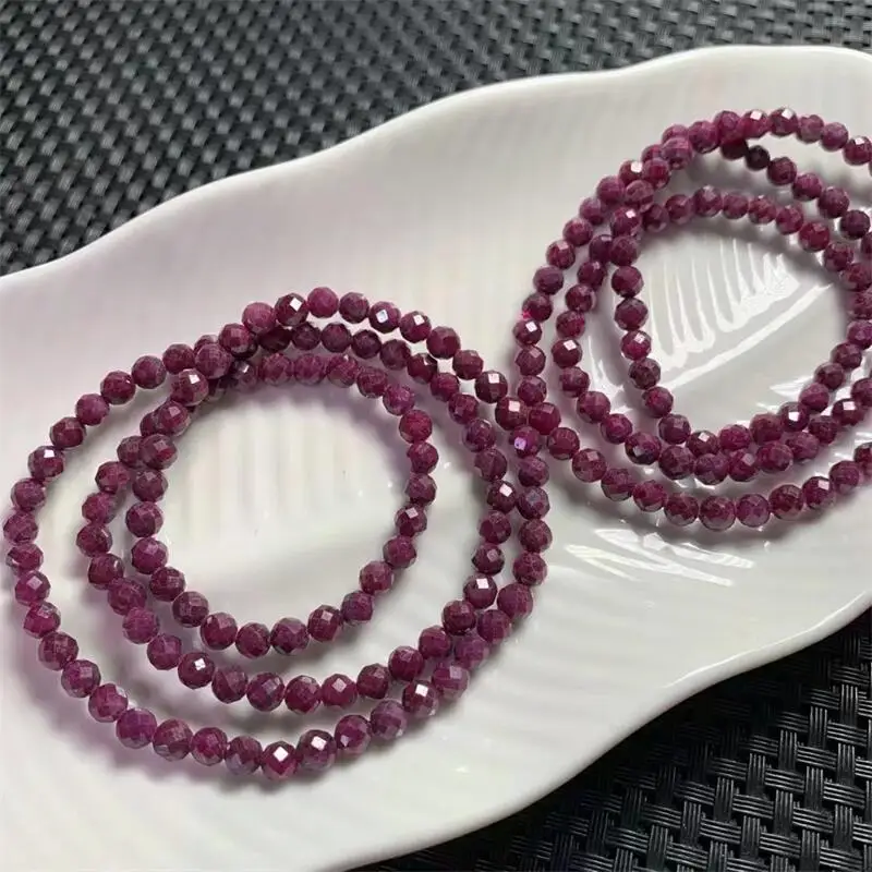 5MM Natural Ruby Facet Triple Circle Bracelet Women Fashion Charm Crystal Healing Energy Gemstone Yoga Jewelry 1PCS