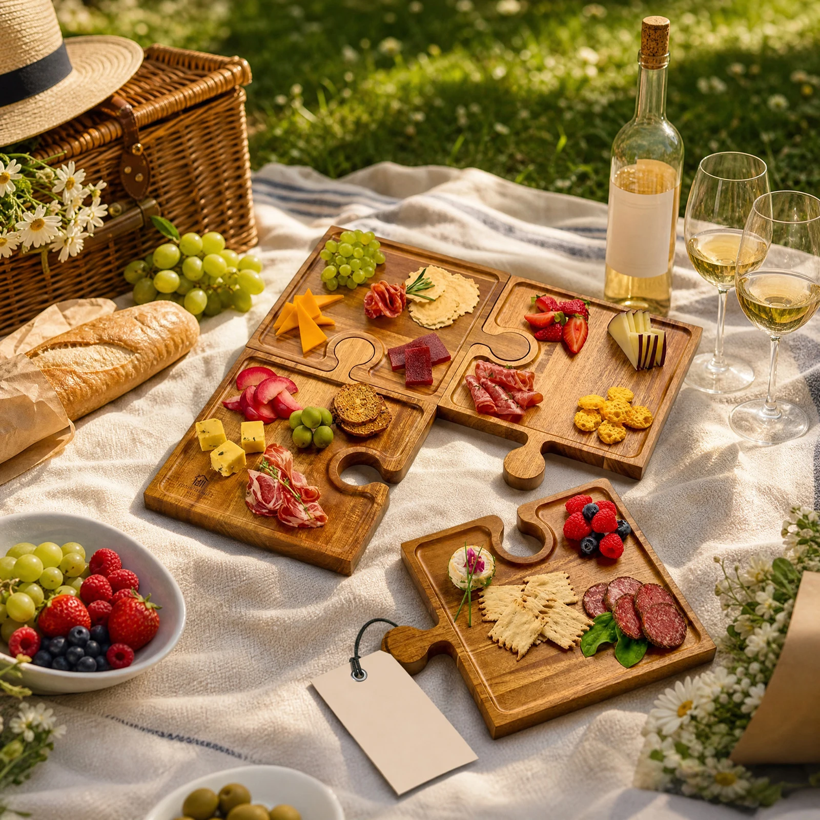 4Pcs Wooden Puzzle Charcuterie Board Interlocking Cheese Board & Appetizer Tray with Handles for Home Party Hosting Entertaining