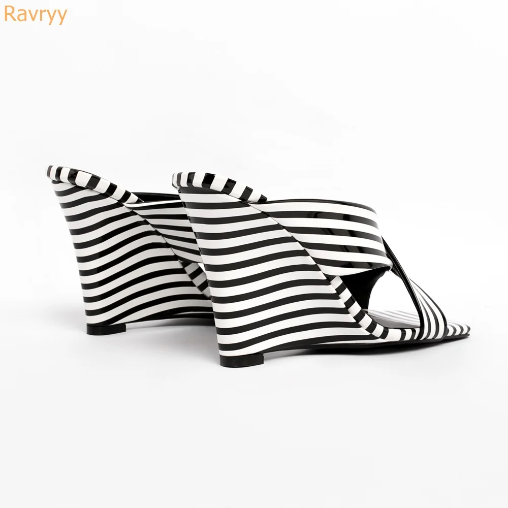 Black White Striped Slip On Sandals Wedges Square Toe Cross Strap High Heels Slides Slingback Zebra Print Women Summer Size 43