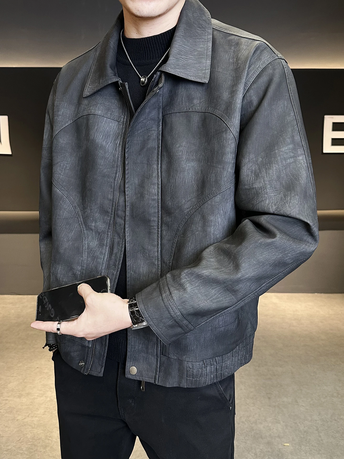 

Мужская кожаная куртка Slim Fit, осенняя новая трендовая брендовая универсальная повседневная мужская верхняя одежда с отложным воротником высокого класса ort Sle