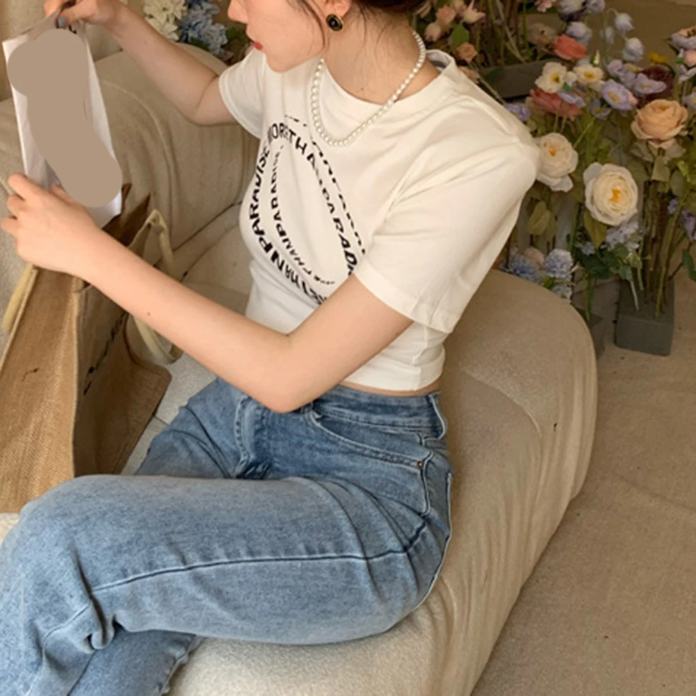 

Облегающая рубашка с принтом Повседневная одежда Повседневная футболка с принтом Горячий топ для девочек с круглым вырезом Стильная повседневная рубашка Модный принт