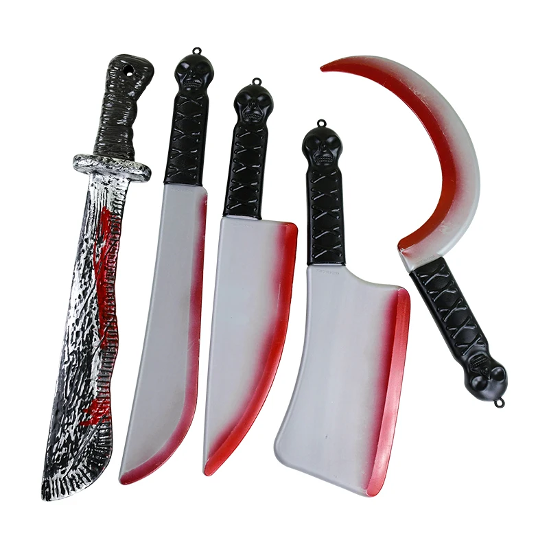 Halloween Horror Props Blood Fake Axe Saws Sickle Knife Horror Weapons Cosplay Party Props Halloween Decorations Kids Favor Toy