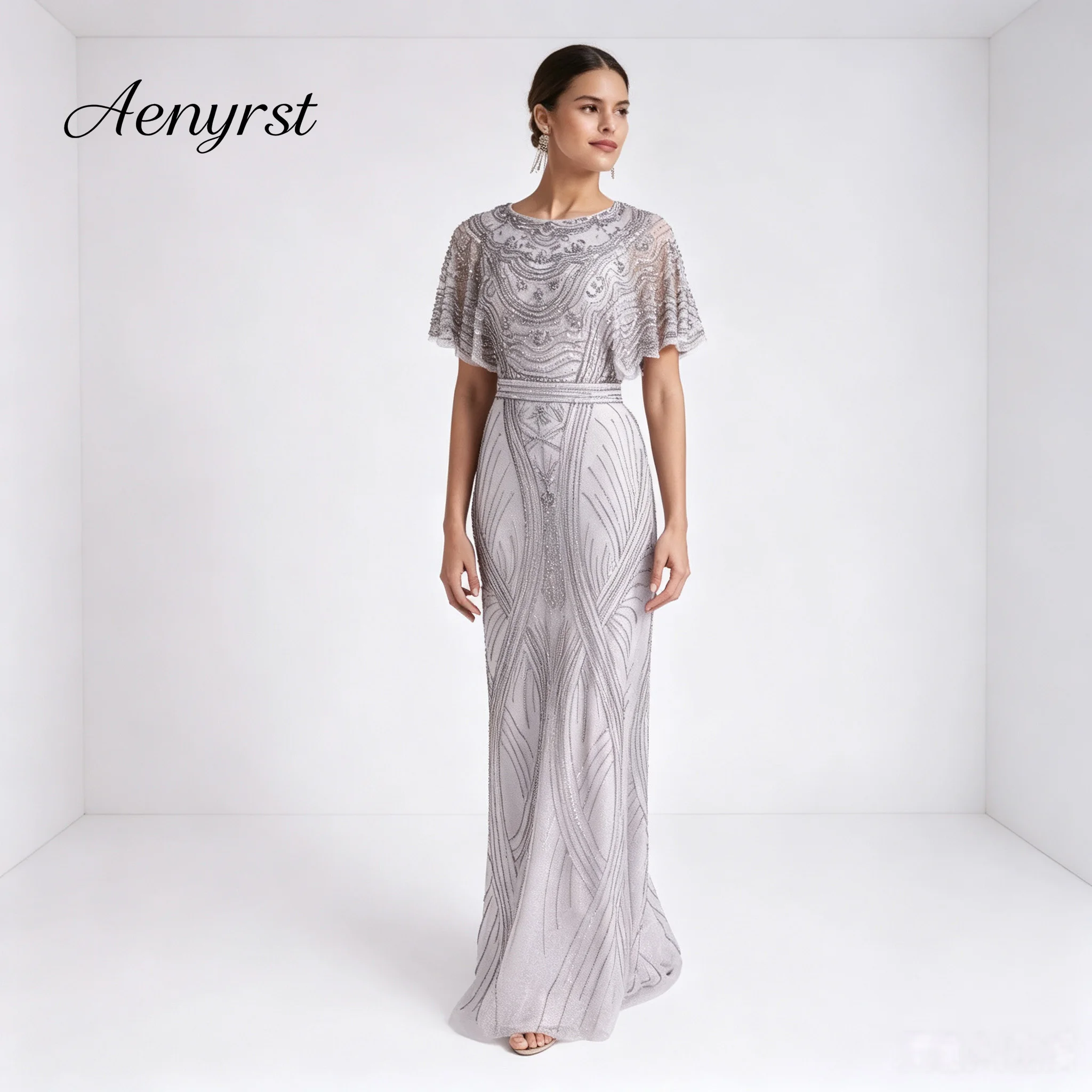 Silver Grey Beaded Mother of Bride Gown Cape Sleeve Art Deco Modest Long Evening Dress for Wedding Guest Formal Banquet