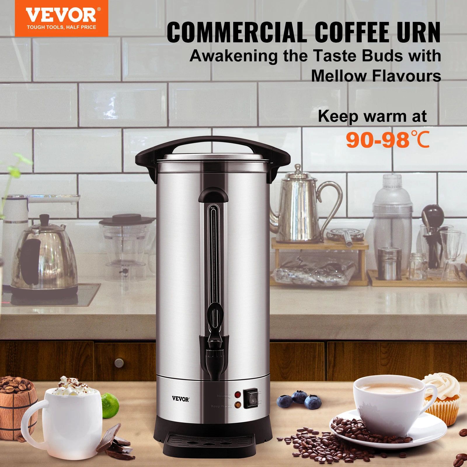 VEVOR 110 Cups Stainless Steel Coffee Thermos Urn Commercial Hot Water Dispenser for Camping Fast Brewing Easy Cleaning