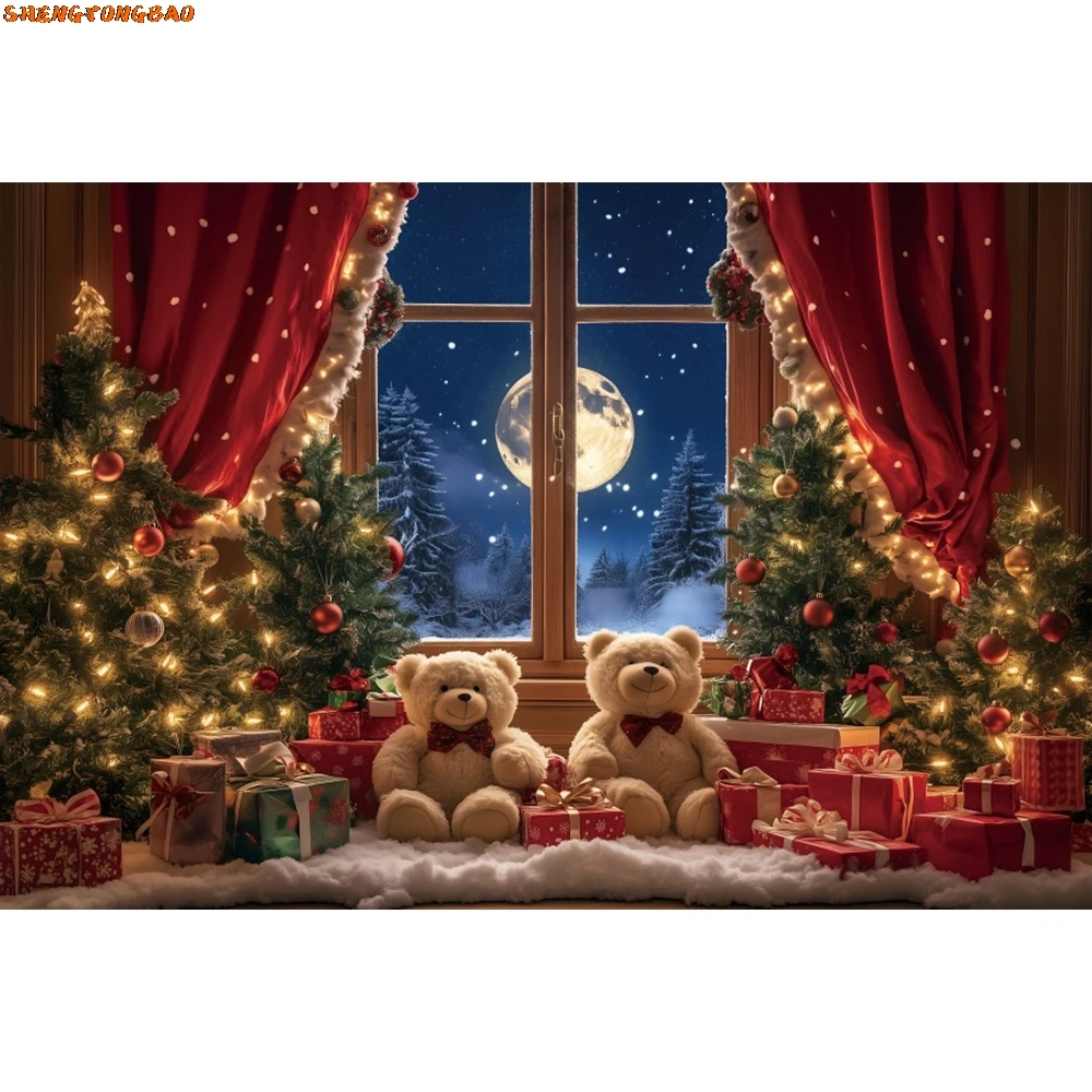 Boże Narodzenie Photocall Tło Choinka Okno Kominek Dziecko Rodzina Portret Fotografia Tła Dekoracja Dla Photo Studio