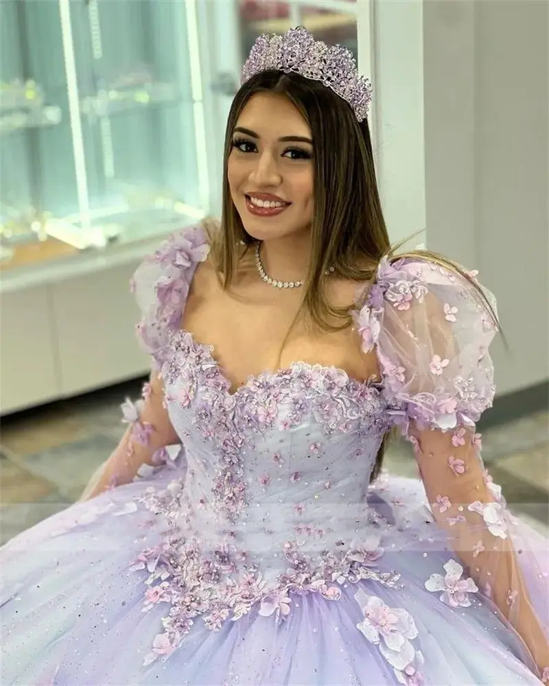 Customized Lilac Quinceanera Dress Ball Gown Long Sleeve Flowers Appliques Beading Corset Sweet 16 Dress Vestidos YQD336