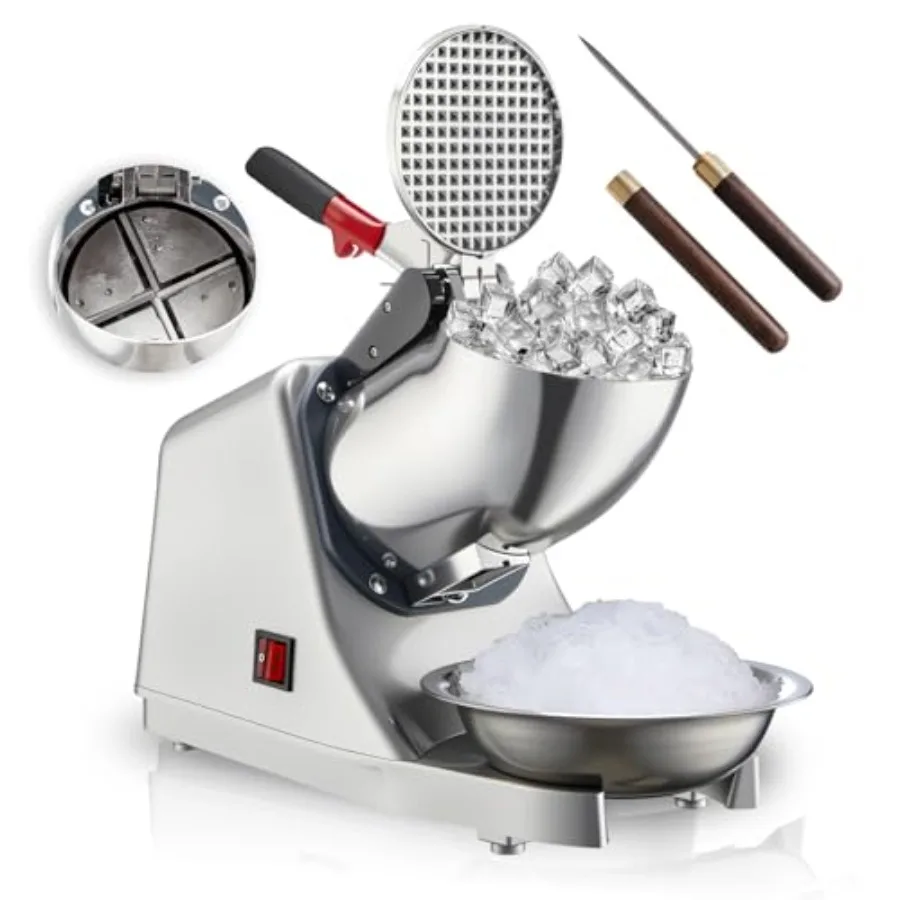 

Kitchen ice shaver for snow cones: stainless steel, silver, 4-blade 300W electric machine with 143lbs/hr output, includes ice p