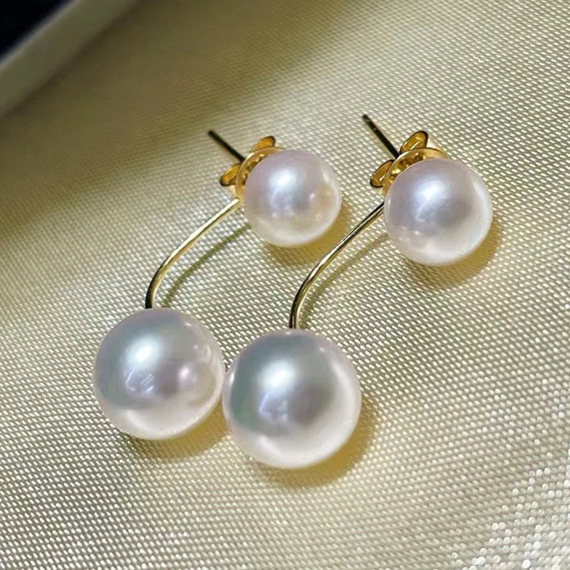 Eternal Classic Two Wear Models Double Pear Beads Exquisite 18K Gold Stud Earrings with 5.5-6mm and 7.5-8mm Natural Akoya Pearls