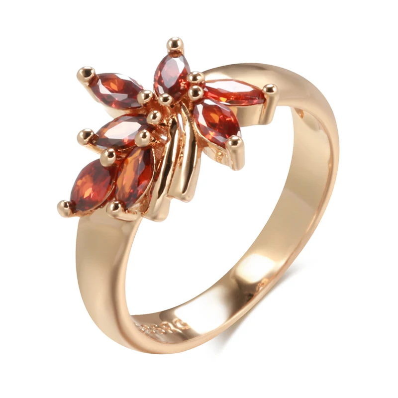 Kinel New Red Natural Zircon Flower Ring for Women 585 Rose Gold Ethnic Bride Rings High Quality Daily Fine Vintage Jewelry