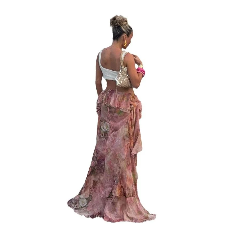 Sweetown Beach Boho Gonna arricciata in chiffon con stampa floreale Vita alta Svel Gonna lunga Dr Cake Sle Summer Women's Dr