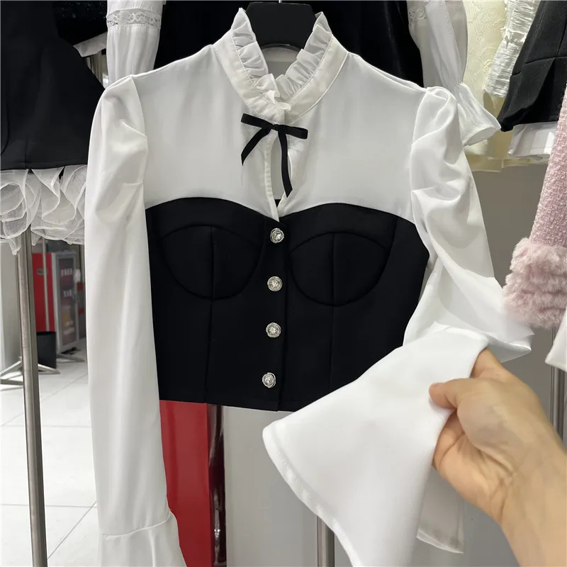 

Цвет Blo ort irt, женский весенний новый воротник-стойка Bell Sve, облегающий топ для похудения, корейский Sle, полиэфирная ткань