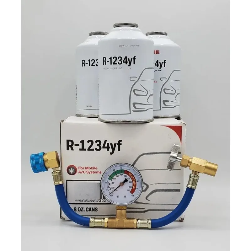

(3 Freon Cans) & HD Brass Can Tap with Gauge.new Great Discounts.Genuine 8oz R1234YF Refrigerant