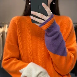 New Autumn Winter Cashmere Sweater Women's Round Neck Pullover Sweater Korean Loose 100% Pure Wool Knitted Tops Female Jacket