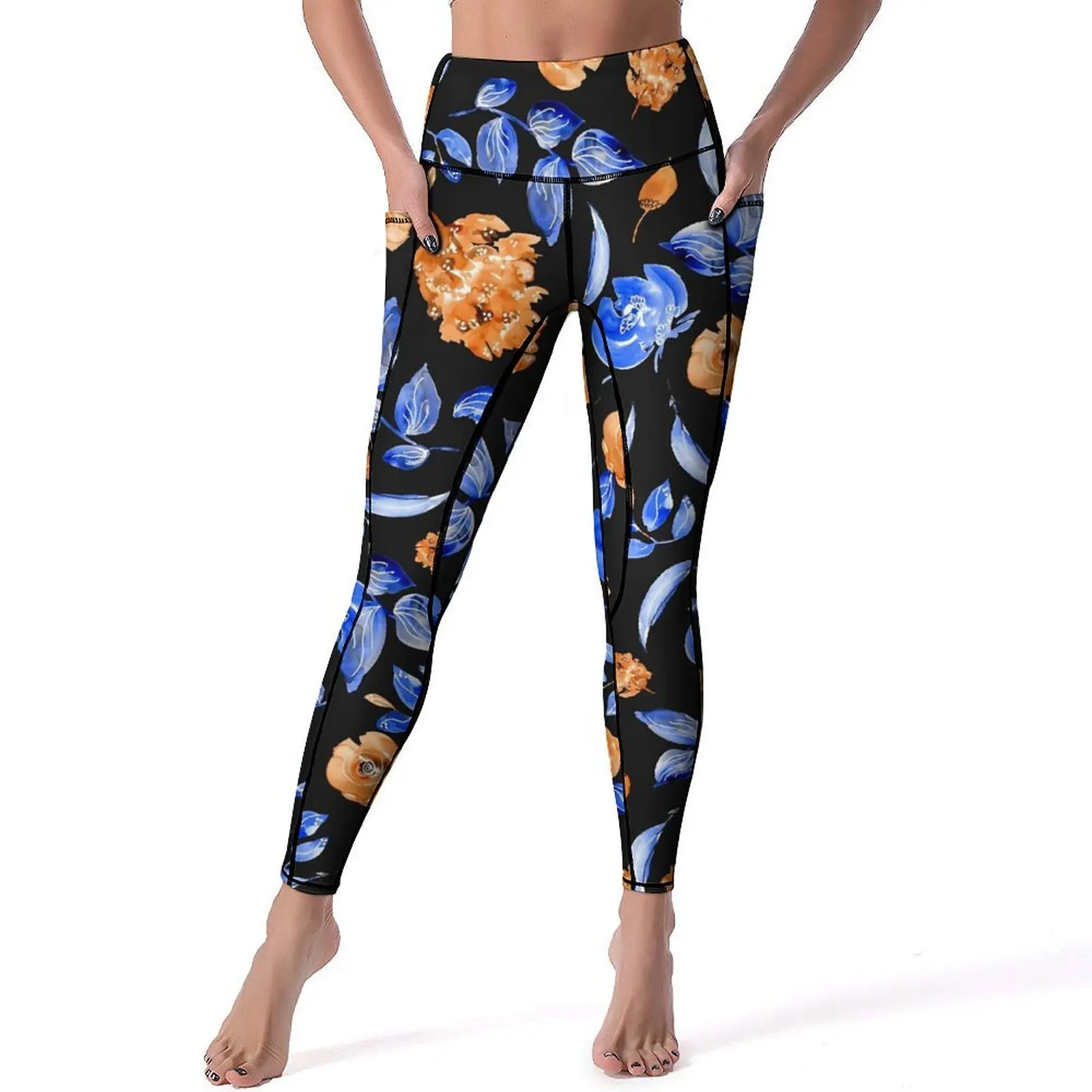 

Blue Flower Leggings Sexy Orange Floral Print Push Up Yoga Pants Novelty Stretch Leggins Women Graphic Fitness Sports Tights