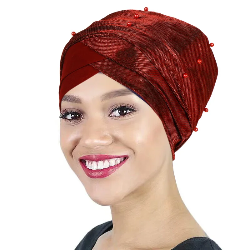 2024 New Bright Silk Pearl Turban Hijab Hats Head Wraps Elastic Muslim Hats Chemo Cap For Women Girls