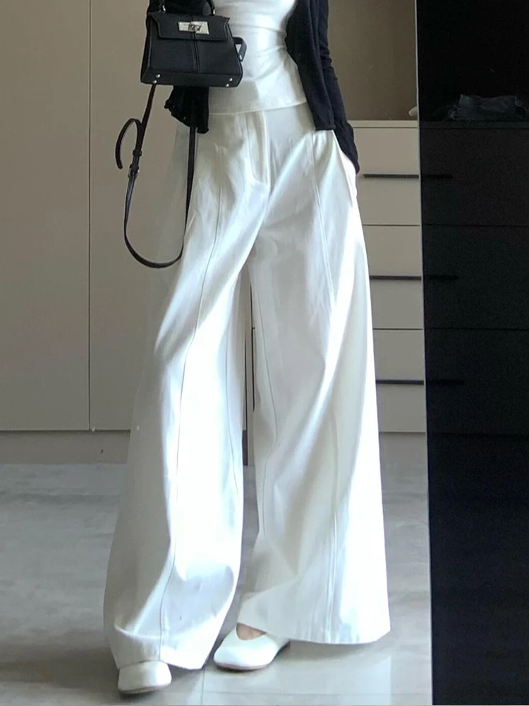 

American Style Loose Lazy Wide Leg Pants Women Summer New Casual Pleated Floor-Length Pants Natural Waist Pure Color Jeans