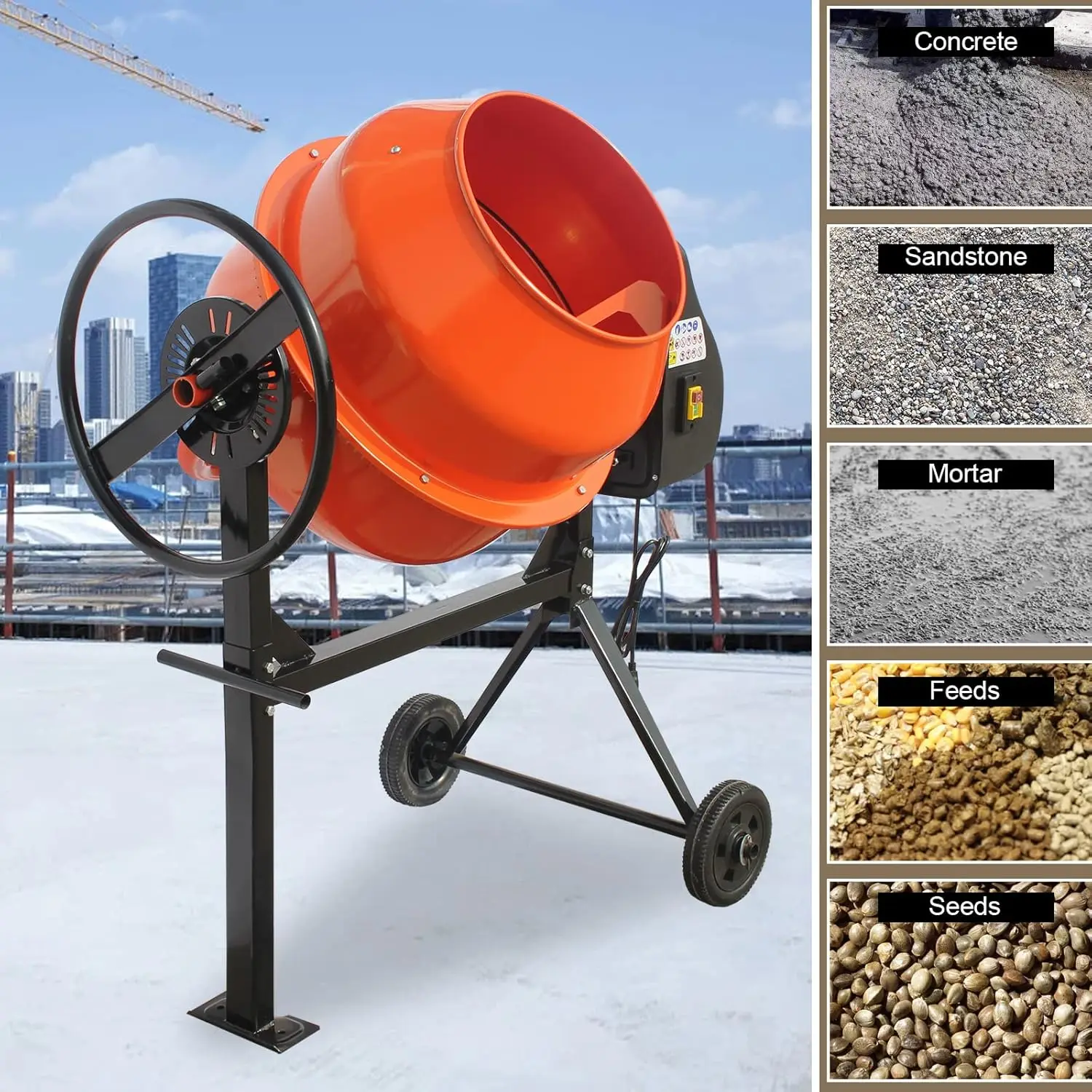Concrete Mixer, Electric Cement Mixer Machine for Stucco with Wheel and Stand