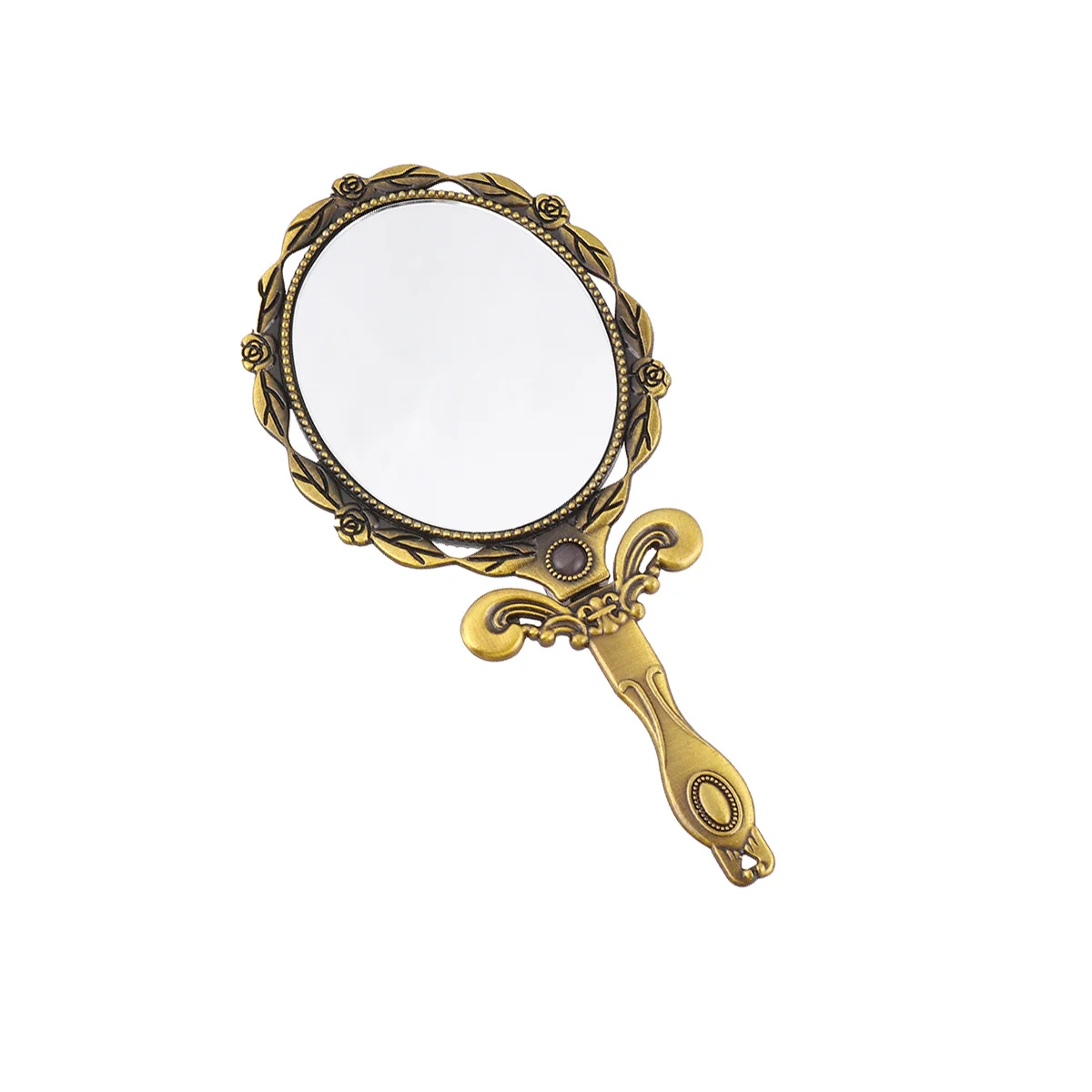 Vintage Folding Small Handle Mini Makeup Mirror Oval Pocket Mirror Bronze Color Travel Supplies for Women Girls