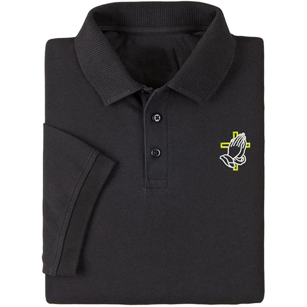 Lyprerazy Men's Casual Polo Shirt Praying Hands with Cross Embroidered Short Sleeve Golf Polo-Shirt