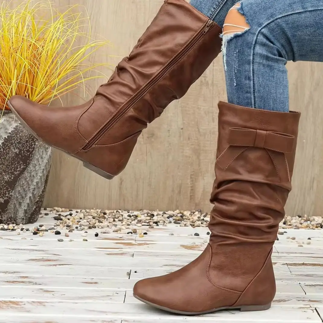 

Women's Plus Size Boots, Brown Soft Leather, Pleated Mid-Calf Flat Boots, Versatile for Commuting