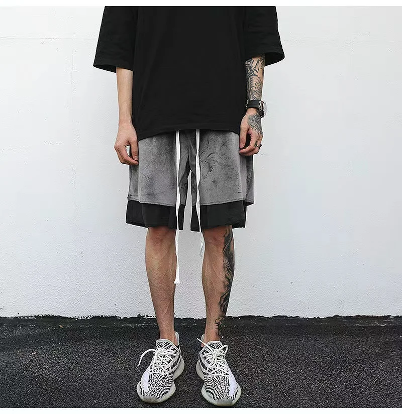 

American Street Sports Shorts Men's Summer Design Sense Fashion Pure Cotton Velvet Loose Basketball Casual Split Pants