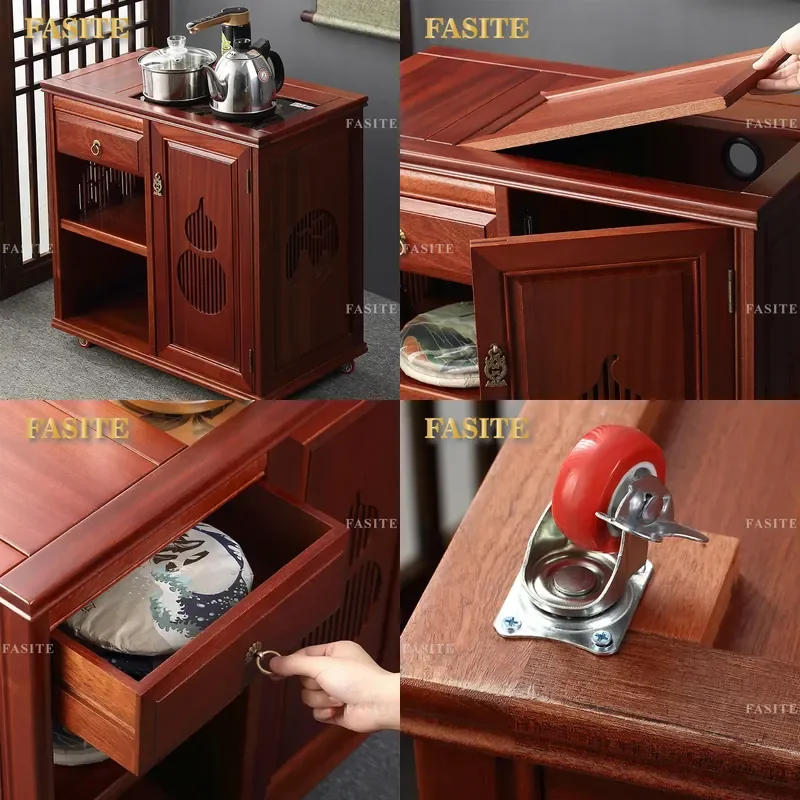 For Solid Wood Tea Cabinet Mobile Rosewood Tea Table with Integrated Kettle Household Living Room Side Storage Cabinet