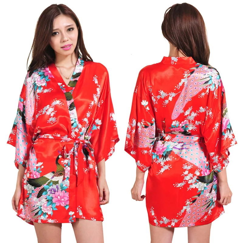 Women's summer nightgown color Tin silk and dress style loose cardigan printed peacock peony short daily morning gown