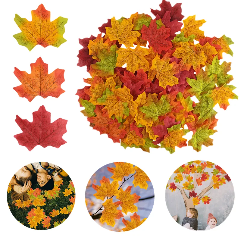 

100Pcs Autumn Artificial Maple Leaves Simulation Silk Maple Leaf Photography Props Halloween Xmas Wedding Party DIY Decor Leaves