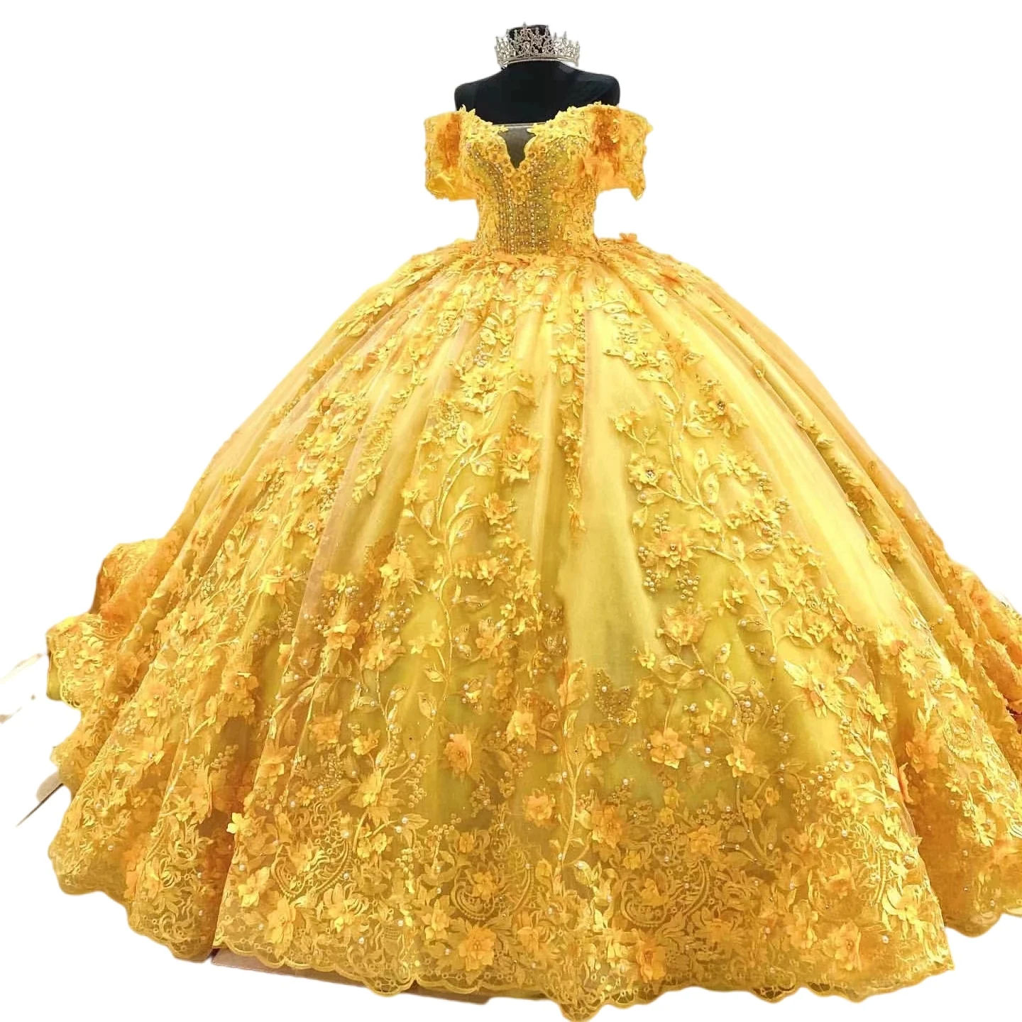 Bright Gold quinceanera Dresses Beading Appliques 3D floral lace-up corset Birthday Prom Party Dress Vestidos De 15 Años