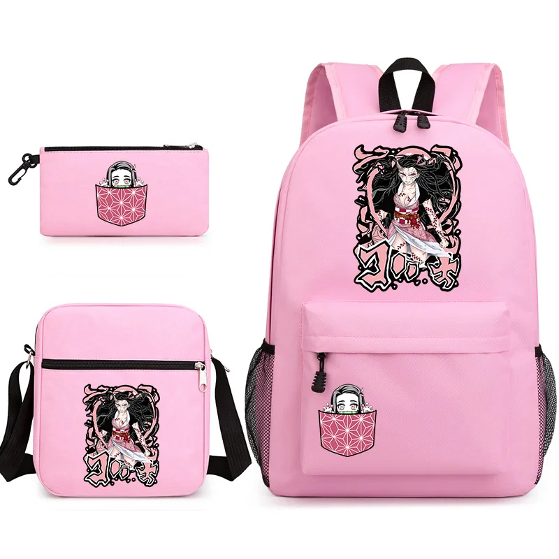 Cute Kamado Nezuko Backpack Anime Large Capacity Three Piece Backpack Shoulder Bag Pencil Bag Kamado Nezuko School Bag