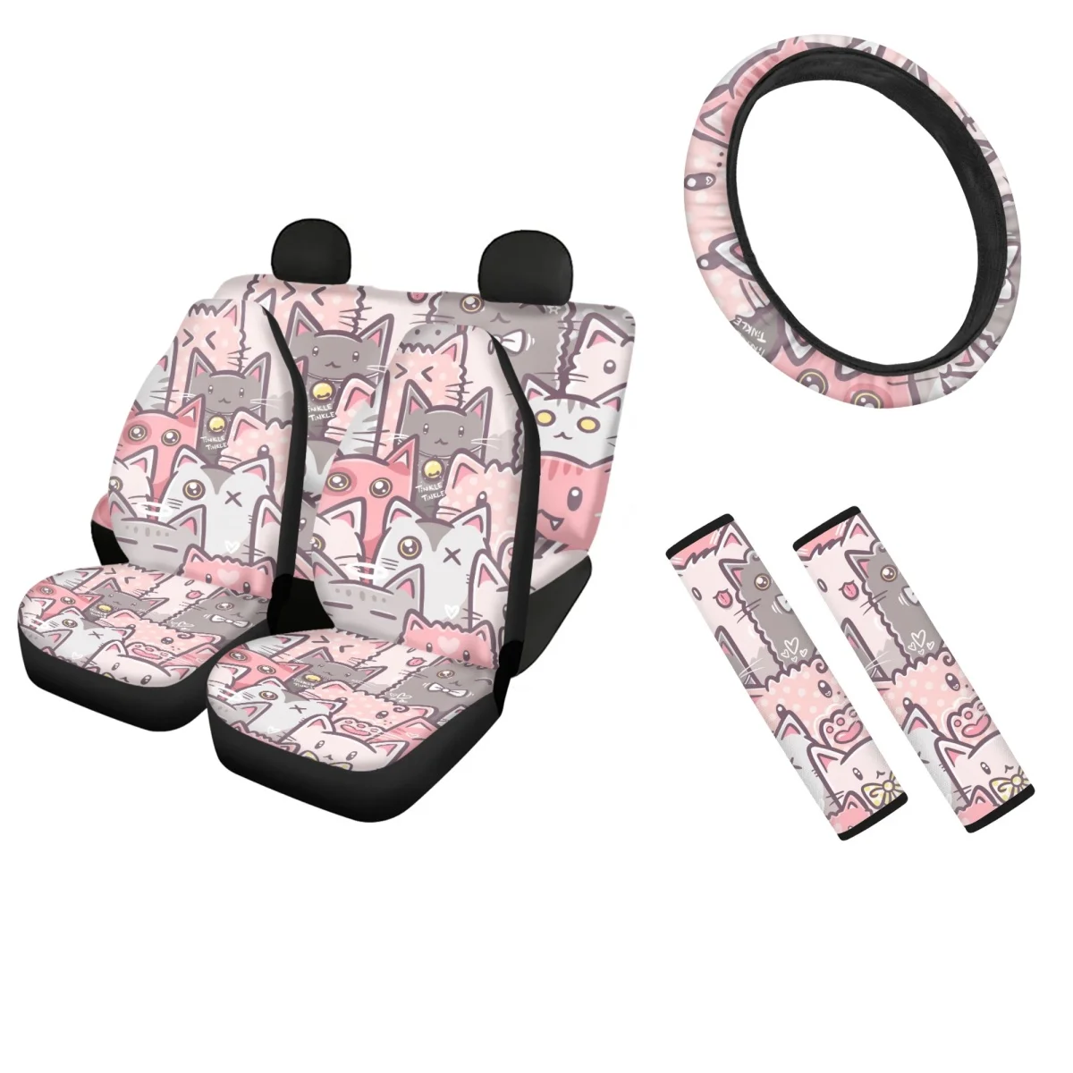 

Cute Cat Family Car Interior Seat Covers Fit Most of Sedan Breathable Steering Wheel Cover Set and Universal Seat Belt Pads