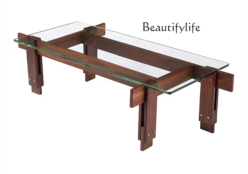 

FKModern Simple Medieval Tenon And Mortise Structure Ash Solid Wood Glass Coffee Table Living Room Household Small Table