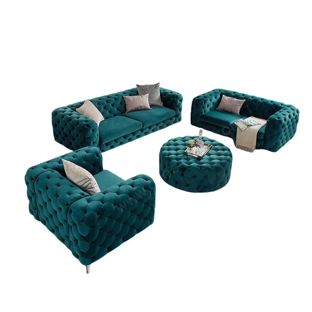 الحديثة 3 مقاعد تشيسترفيلد الذراع المخملية معنقدة الاقسام أريكة الأريكة مجموعة قاعدة من الاستانلس ستيل الجلود غرفة المعيشة أثاث الفندق