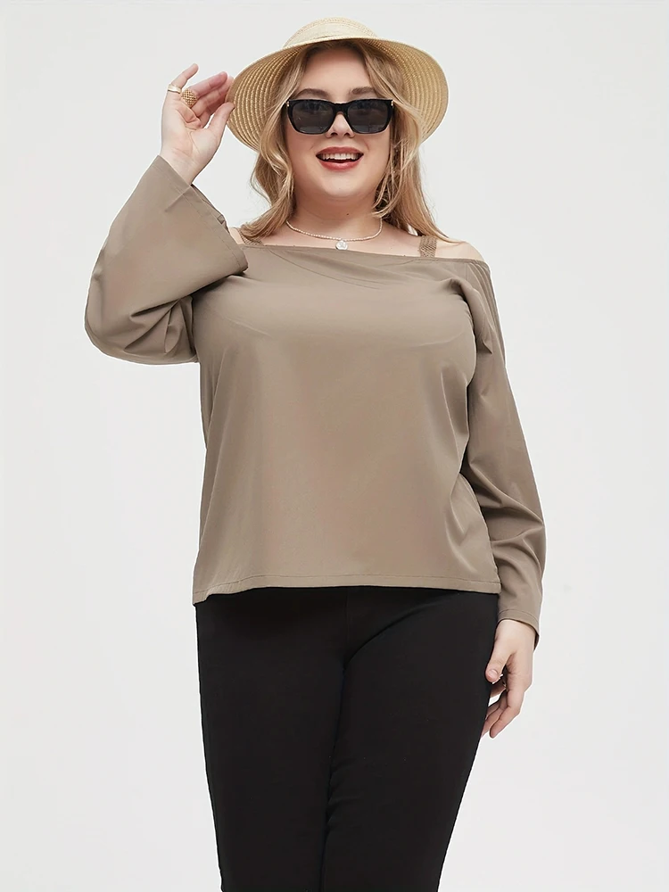 Mugen-Blusa feminina monocromática fora do ombro, camiseta casual, mangas compridas, roupas de primavera e outono, plus size, 2024