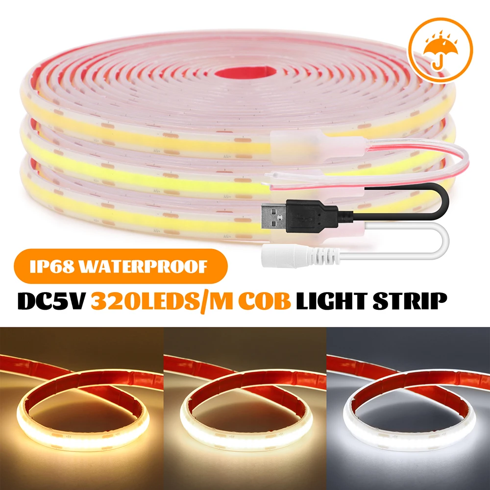 5V COB LED Strip Light With 2PIN Wire USB DC Head 320LED/M High Bright Flexible Tape IP68 Waterproof Home Decor 3000 4000K 6000K