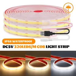 5V COB LED Strip Light With 2PIN Wire USB DC Head 320LED/M High Bright Flexible Tape IP68 Waterproof Home Decor 3000 4000K 6000K