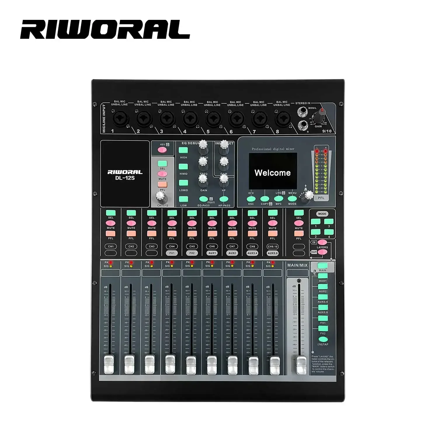 DL-12S Mixer audio digitale professionale a 12 canali con console di missaggio per lettore MP3 USB