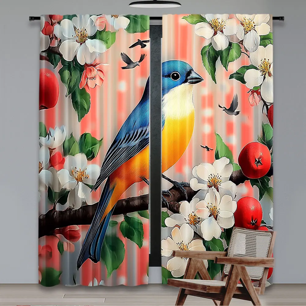 2Pcs Flower Bird Curtain Floral Blossom Cute Bird Nature Spring Rustic Landscape Home Decor Modern Simplistic Drapes