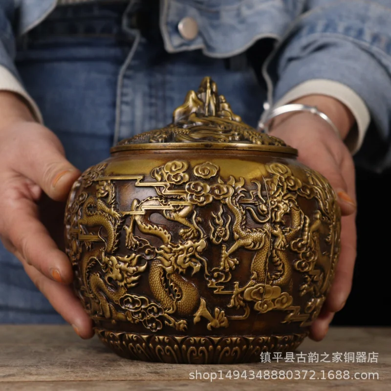 Pure Copper Tibetan Sutra Paper Color Nine Tea Canister Ornament Craft Gift Brass Dragon Cylinder Living Room Sh
