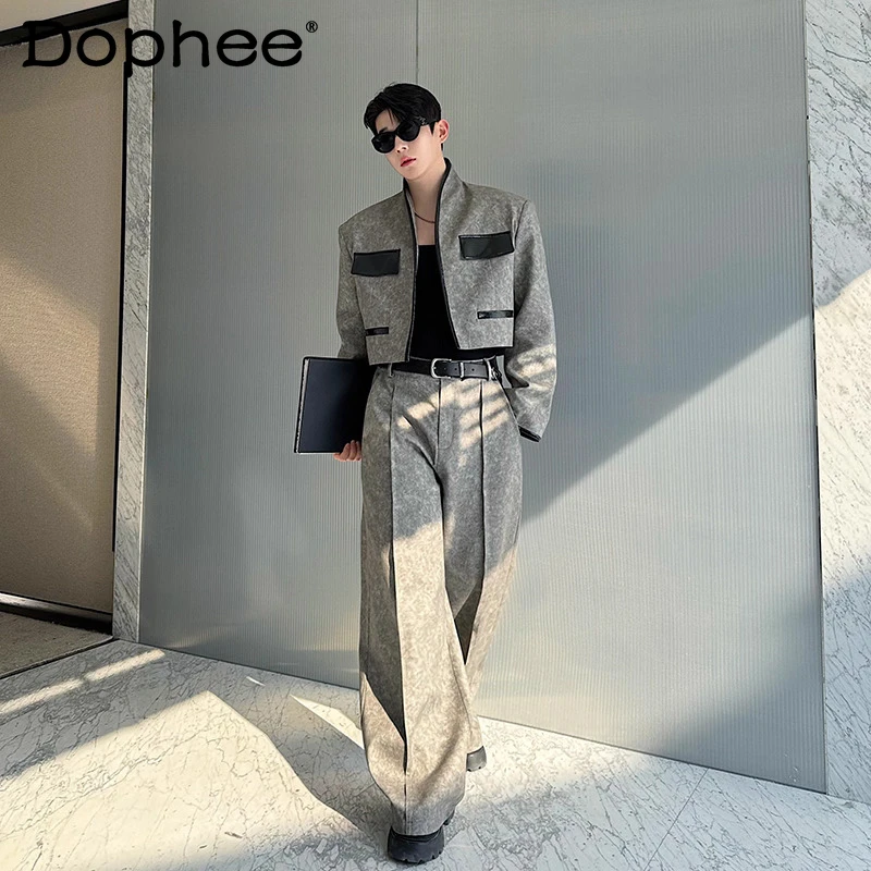 

Мужские комплекты кожаных курток весна-осень 2025 года, новые комплекты из 2 предметов контрастного цвета, мужские стильные широкие брюки, модные комплекты из двух предметов