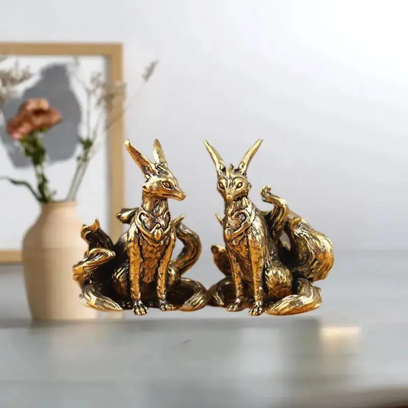 HOT! Nine Tailed Fox Miniature Figurines Desk Ornament Brass Mythical Fox Statue Mini Copper Animal Sculpture Home Decor Crafts